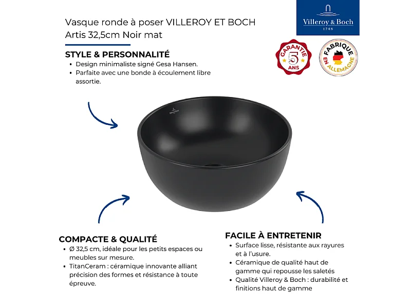 Vasque ronde à poser VILLEROY ET BOCH Artis 32,5cm Noir mat