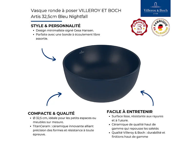 Vasque ronde à poser VILLEROY ET BOCH Artis 32,5cm Bleu Nightfall