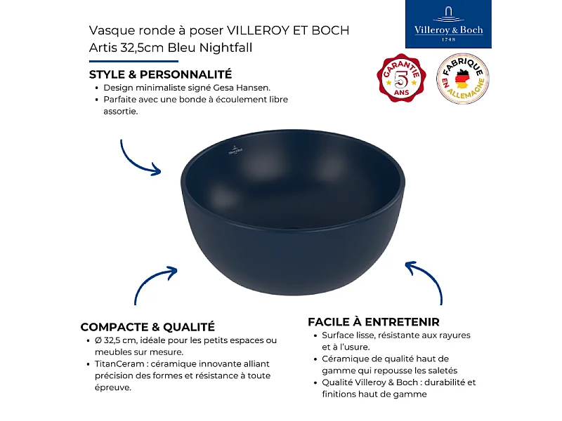 Vasque ronde à poser VILLEROY ET BOCH Artis 32,5cm Bleu Nightfall