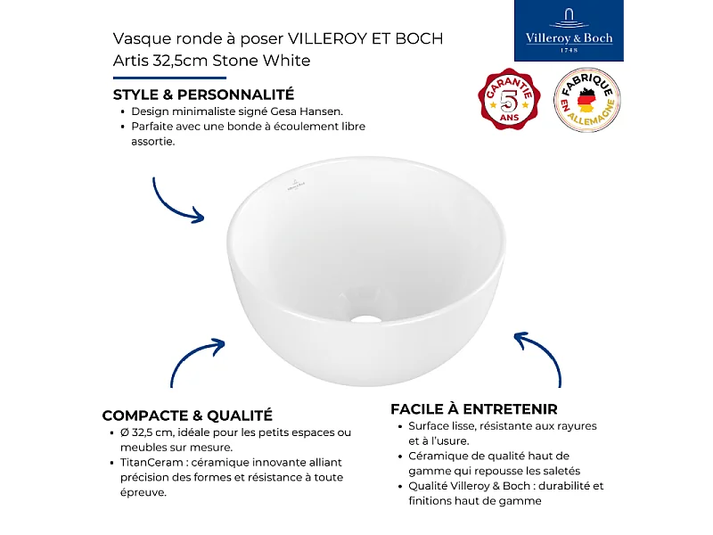 Vasque ronde à poser VILLEROY ET BOCH Artis 32,5cm Stone White CeramicPlus