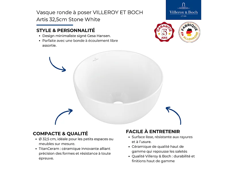 Vasque ronde à poser VILLEROY ET BOCH Artis 32,5cm Stone White CeramicPlus