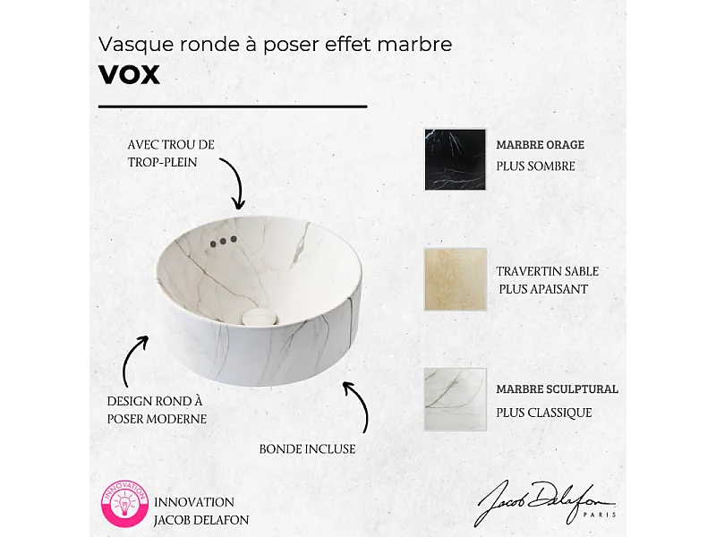 Vasque ronde à poser JACOB DELAFON Vox marbre blanc sculptural + bonde