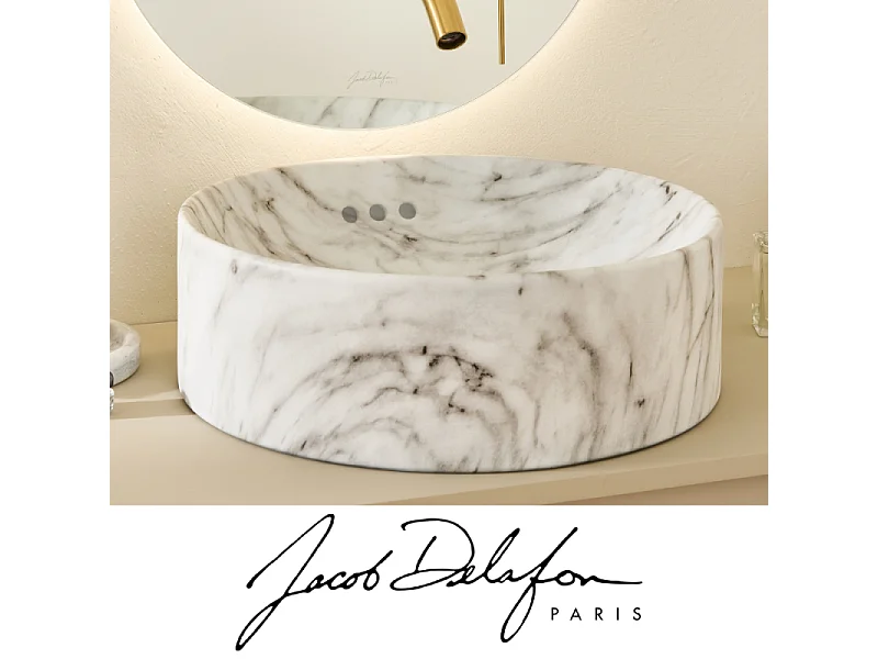 Vasque ronde à poser JACOB DELAFON Vox marbre blanc sculptural + bonde