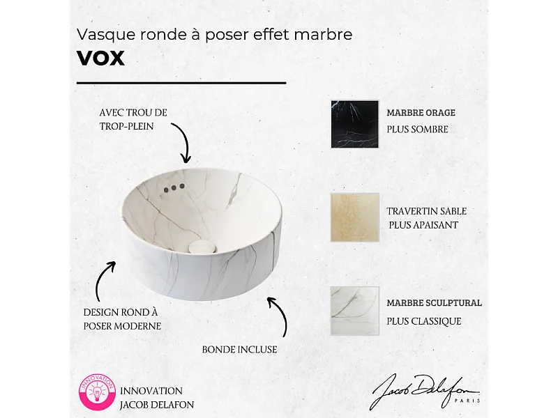 Vasque ronde à poser JACOB DELAFON Vox marbre blanc sculptural + bonde