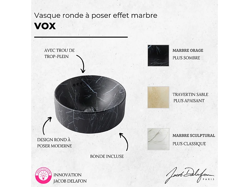 Vasque ronde à poser JACOB DELAFON Vox marbre noir orage + bonde
