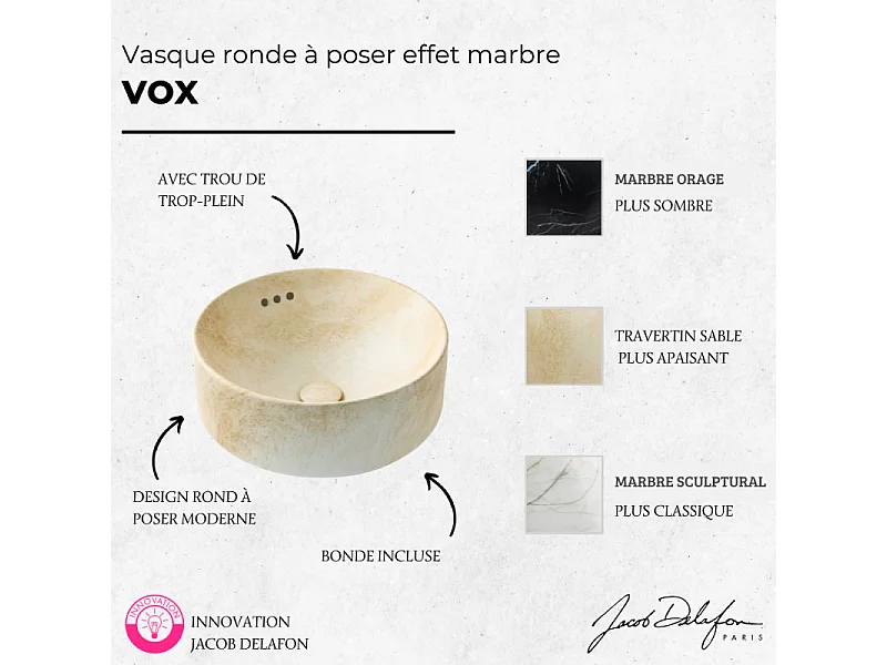 Vasque ronde à poser JACOB DELAFON Vox marbre travertin sable + bonde