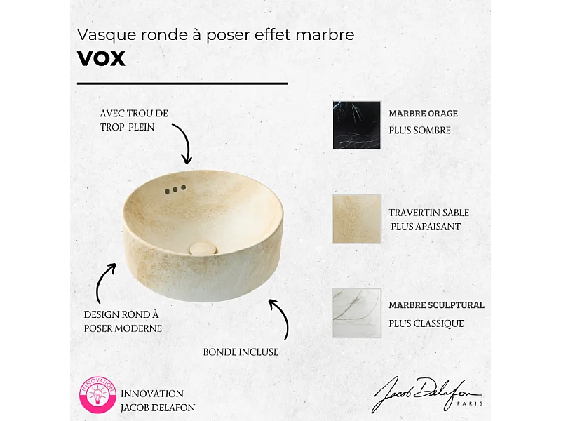 Vasque ronde à poser JACOB DELAFON Vox marbre travertin sable + bonde
