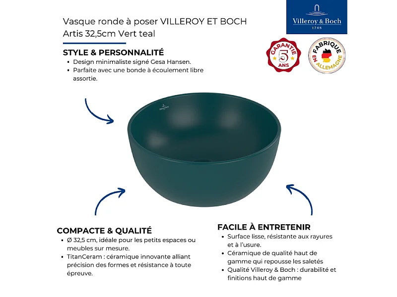 Vasque ronde à poser VILLEROY ET BOCH Artis 32,5cm Vert Teal