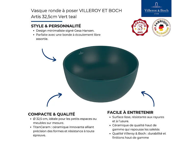 Vasque ronde à poser VILLEROY ET BOCH Artis 32,5cm Vert Teal