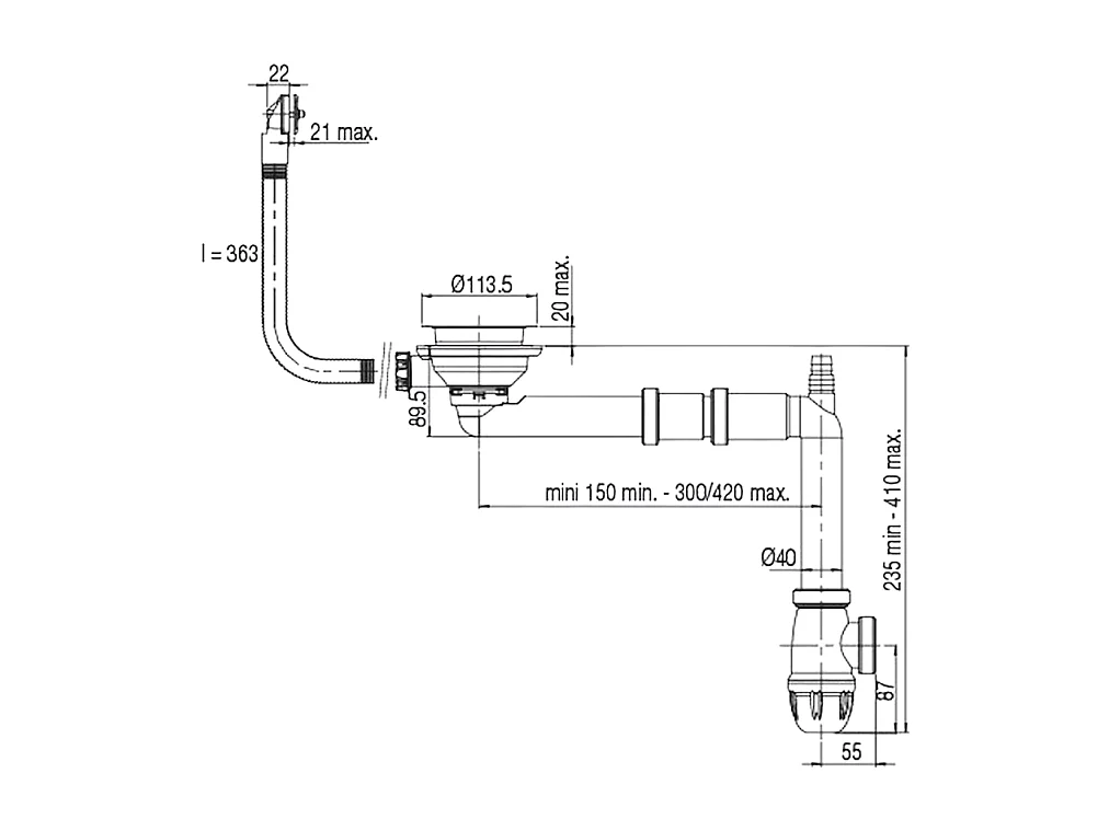 Vidage évier 1 cuve VALENTIN 90 mm avec trop plein