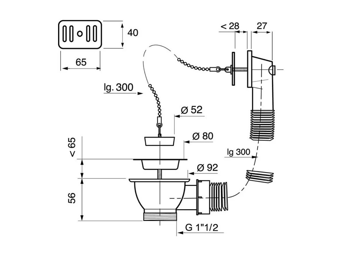 Bonde à bouchon pour évier 1 bac WIRQUIN  D60 avec trop-plein grille inox