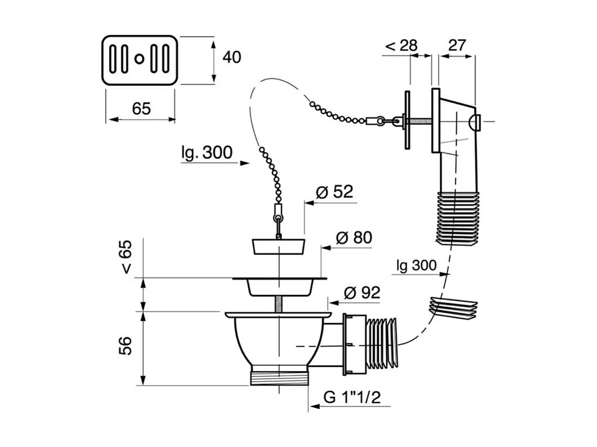 Bonde à bouchon pour évier 1 bac WIRQUIN  D60 avec trop-plein grille inox