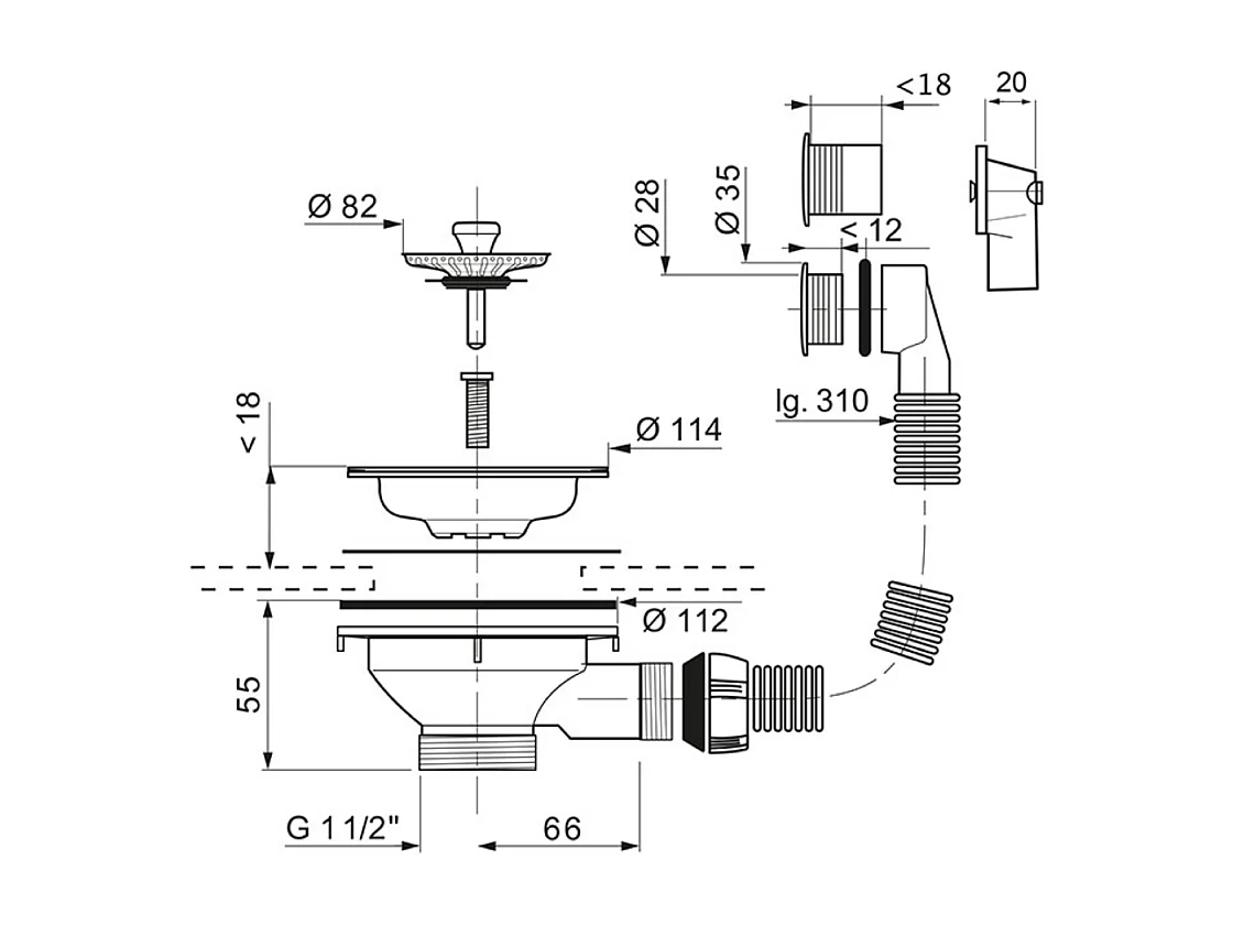 Bonde à panier pour évier 1 bac WIRQUIN D90 inox avec trop-plein