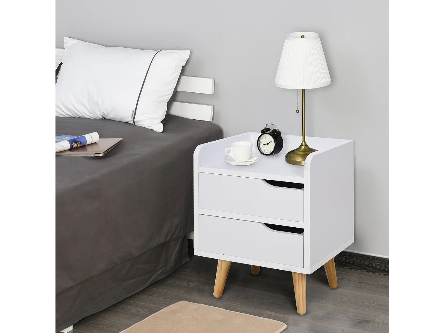 EasyComfort Comodino da Camera da Letto Salvaspazio, Moderno Comodino con 2 Cassetti, Design Semplice, Legno Bianco, Piedini in Legno di Pino, 33 x 2