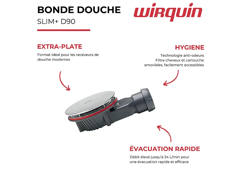 Bonde de douche extra-plate WIRQUIN Slim+ D90 dôme ABS chromé