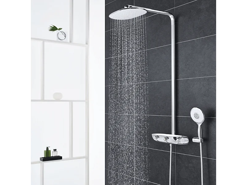 Colonne de douche thermostatique GROHE Rainshower System SmartControl Mono 360 Blanc/chromé + Panier douche Start Cube