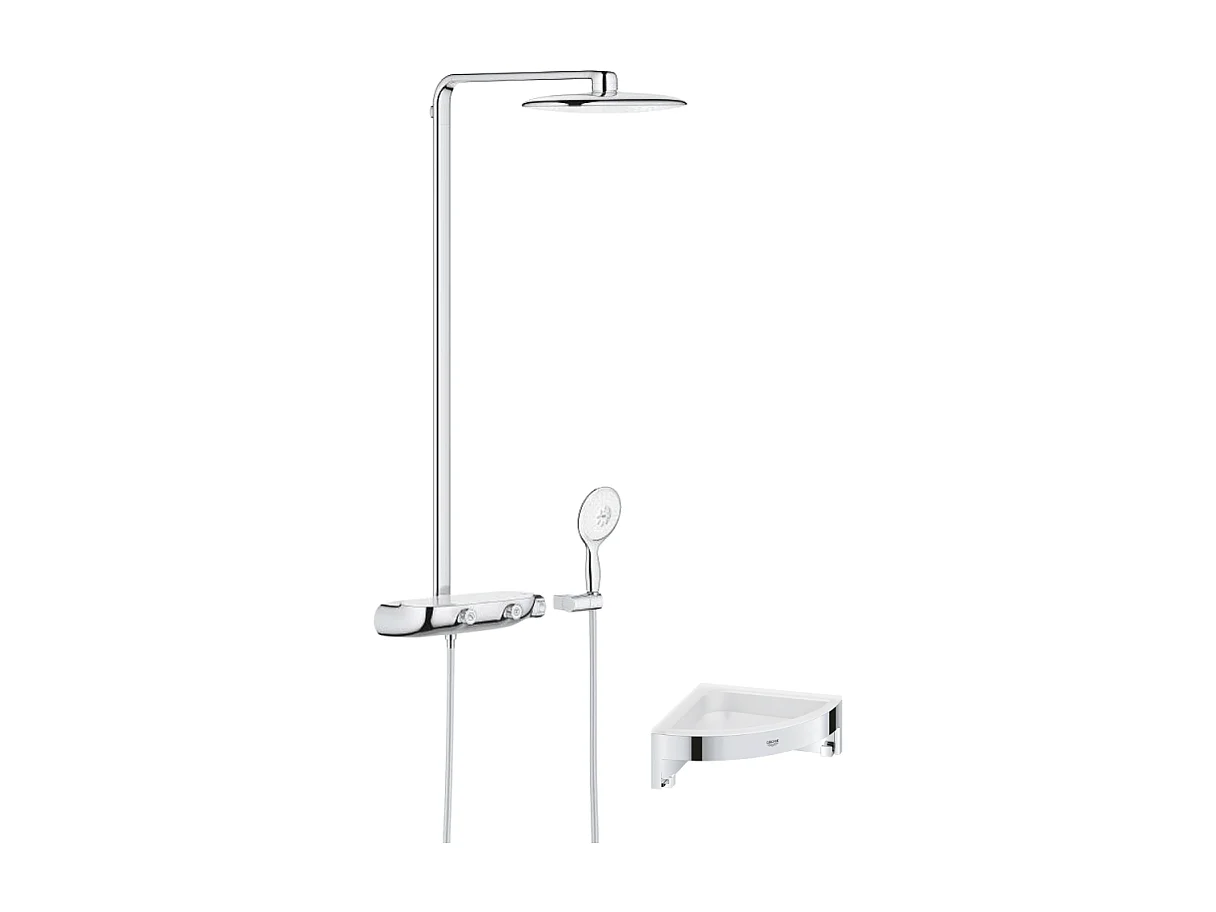 Colonne de douche thermostatique GROHE Rainshower System SmartControl Mono 360 Blanc/chromé + Tablette douche d'angle Start Cube