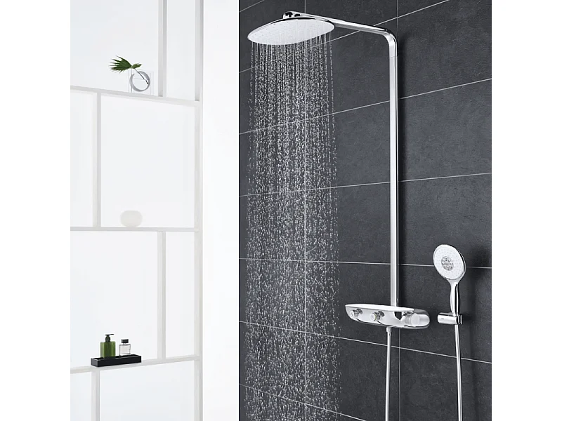 Colonne de douche thermostatique GROHE Rainshower System SmartControl Mono 360 Blanc/chromé + Tablette douche d'angle Start Cube