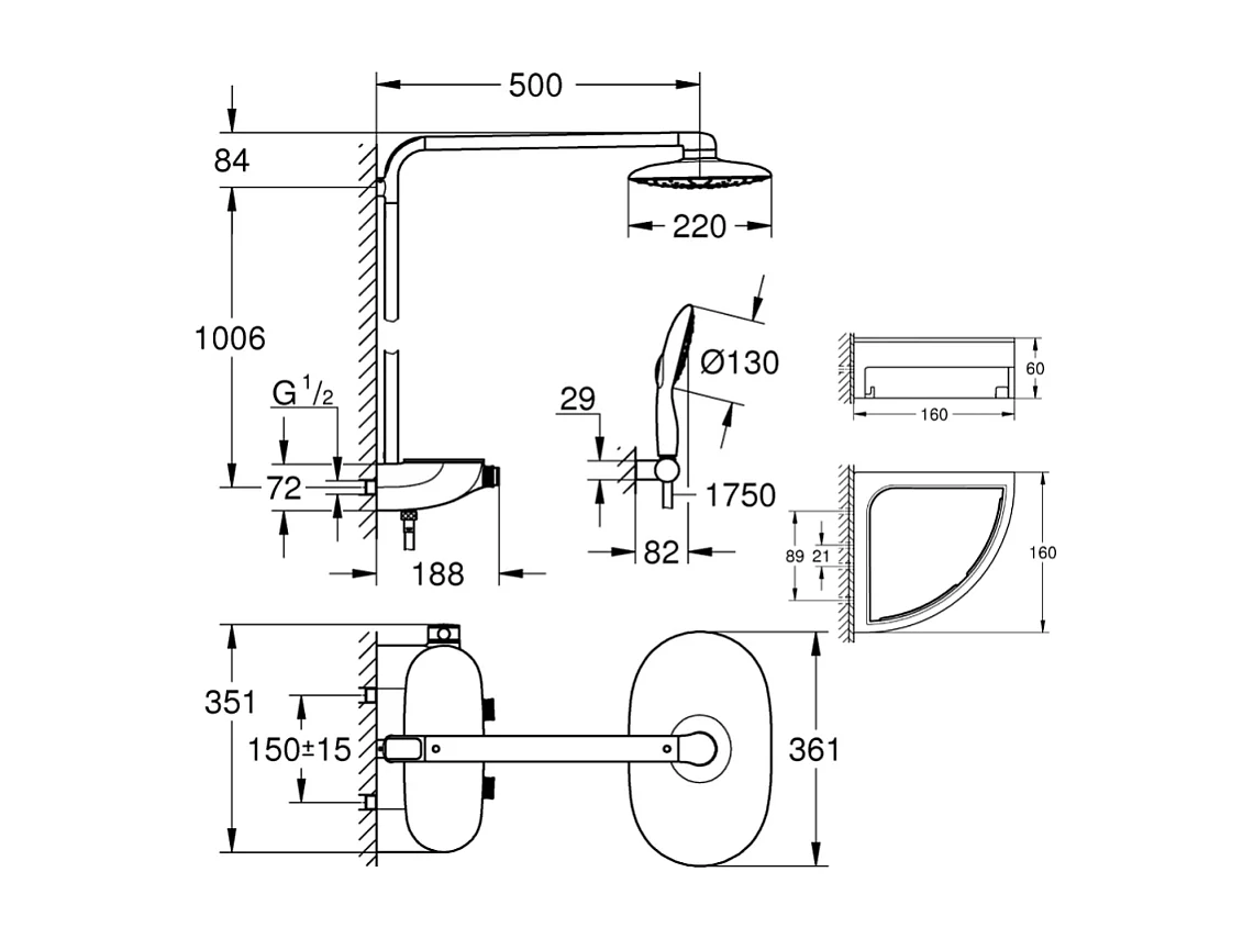 Colonne de douche thermostatique GROHE Rainshower System SmartControl Mono 360 Blanc/chromé + Tablette douche d'angle Start Cube