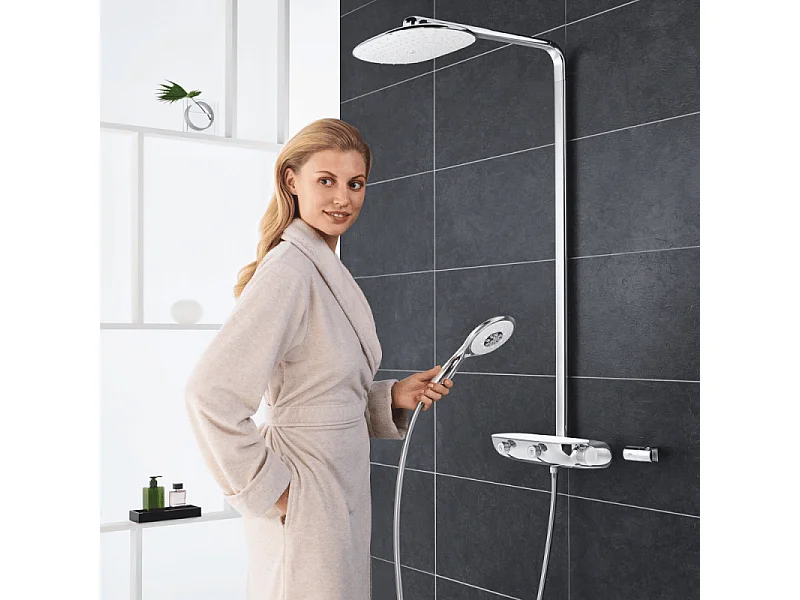 Colonne de douche thermostatique GROHE Rainshower System SmartControl Mono 360 Blanc/chromé + Tablette douche d'angle Start Cube