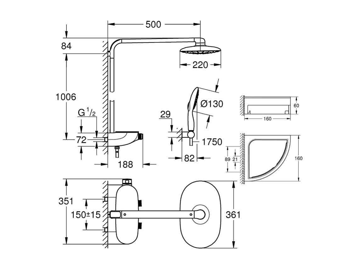 Colonne de douche thermostatique GROHE Rainshower System SmartControl Mono 360 Blanc/chromé + Tablette douche d'angle Start Cube