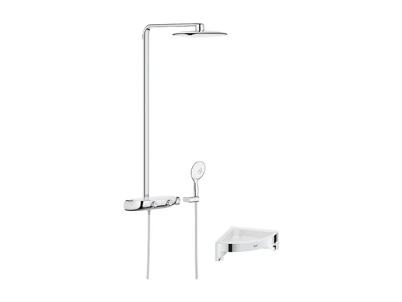 Colonne de douche thermostatique GROHE Rainshower System SmartControl Mono 360 Blanc/chromé + Tablette douche d'angle Start Cube