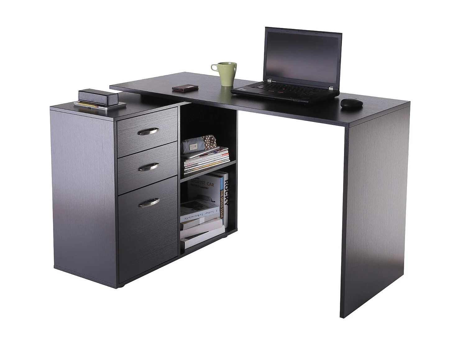 Easycomfort Scrivania Angolare Per Pc Con 2 Cassetti E Ripiani Aperti, Scrivania Ad Angolo Forma A L In Legno E Metallo, 117x83.5x76 Cm, Nero