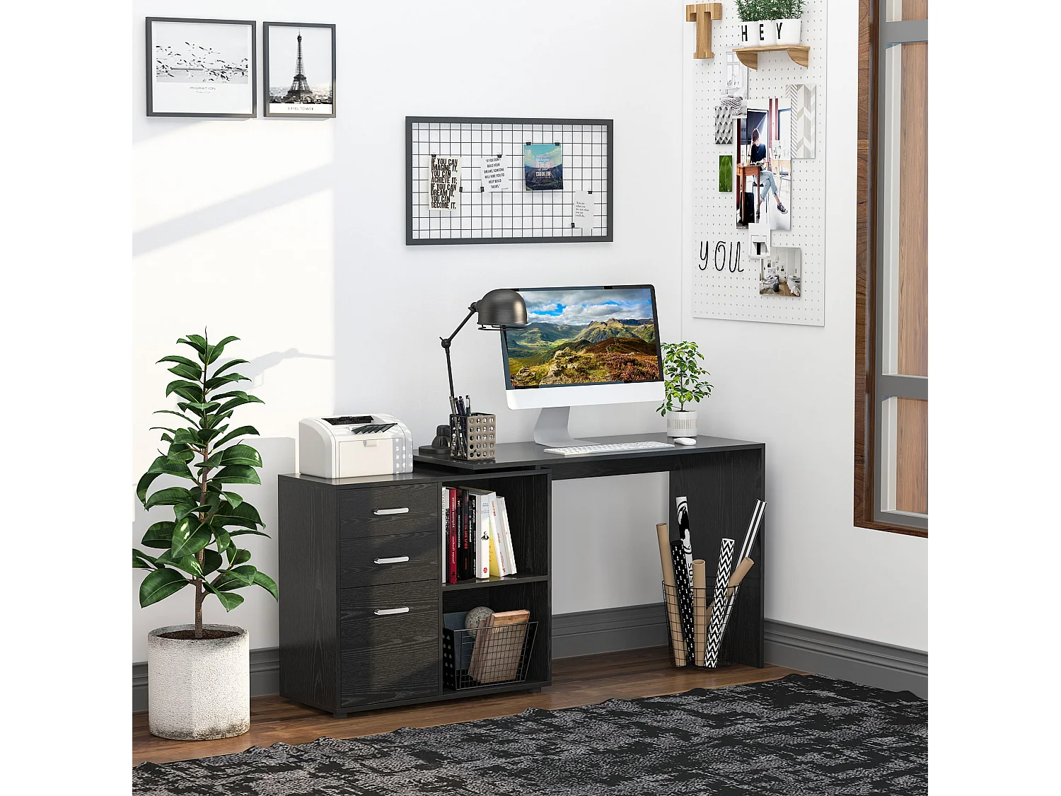 Easycomfort Scrivania Angolare Per Pc Con 2 Cassetti E Ripiani Aperti, Scrivania Ad Angolo Forma A L In Legno E Metallo, 117x83.5x76 Cm, Nero