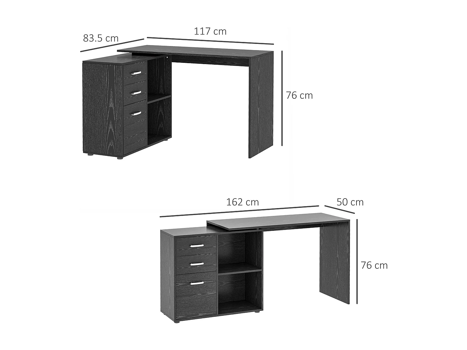 Easycomfort Scrivania Angolare Per Pc Con 2 Cassetti E Ripiani Aperti, Scrivania Ad Angolo Forma A L In Legno E Metallo, 117x83.5x76 Cm, Nero