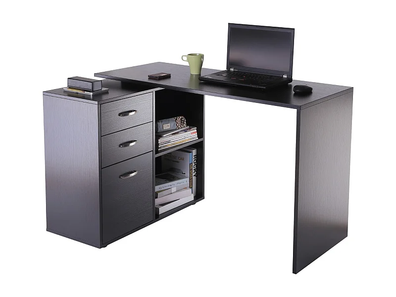 Easycomfort Scrivania Angolare Per Pc Con 2 Cassetti E Ripiani Aperti, Scrivania Ad Angolo Forma A L In Legno E Metallo, 117x83.5x76 Cm, Nero