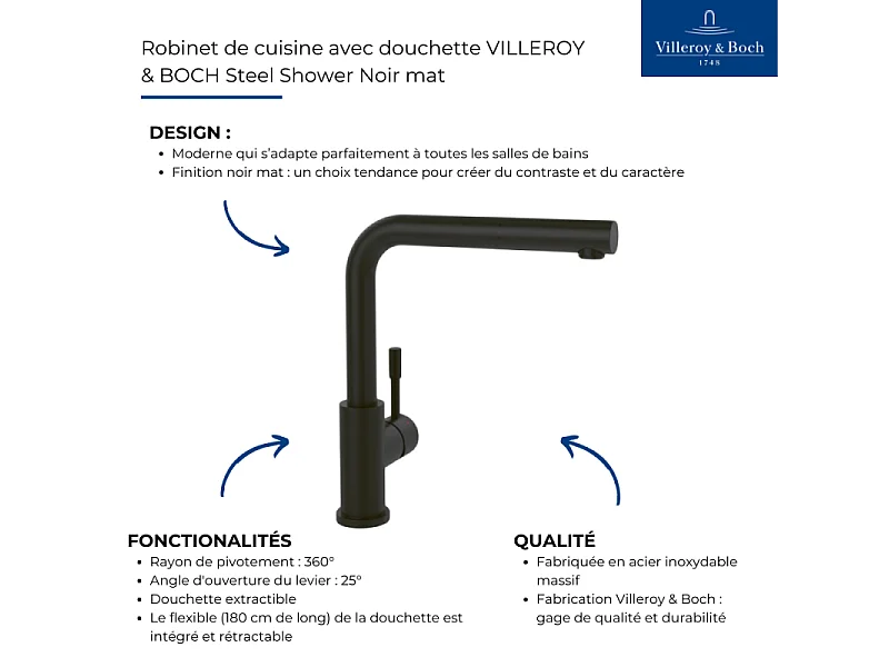 Robinet de cuisine avec douchette VILLEROY & BOCH Steel Shower Noir mat