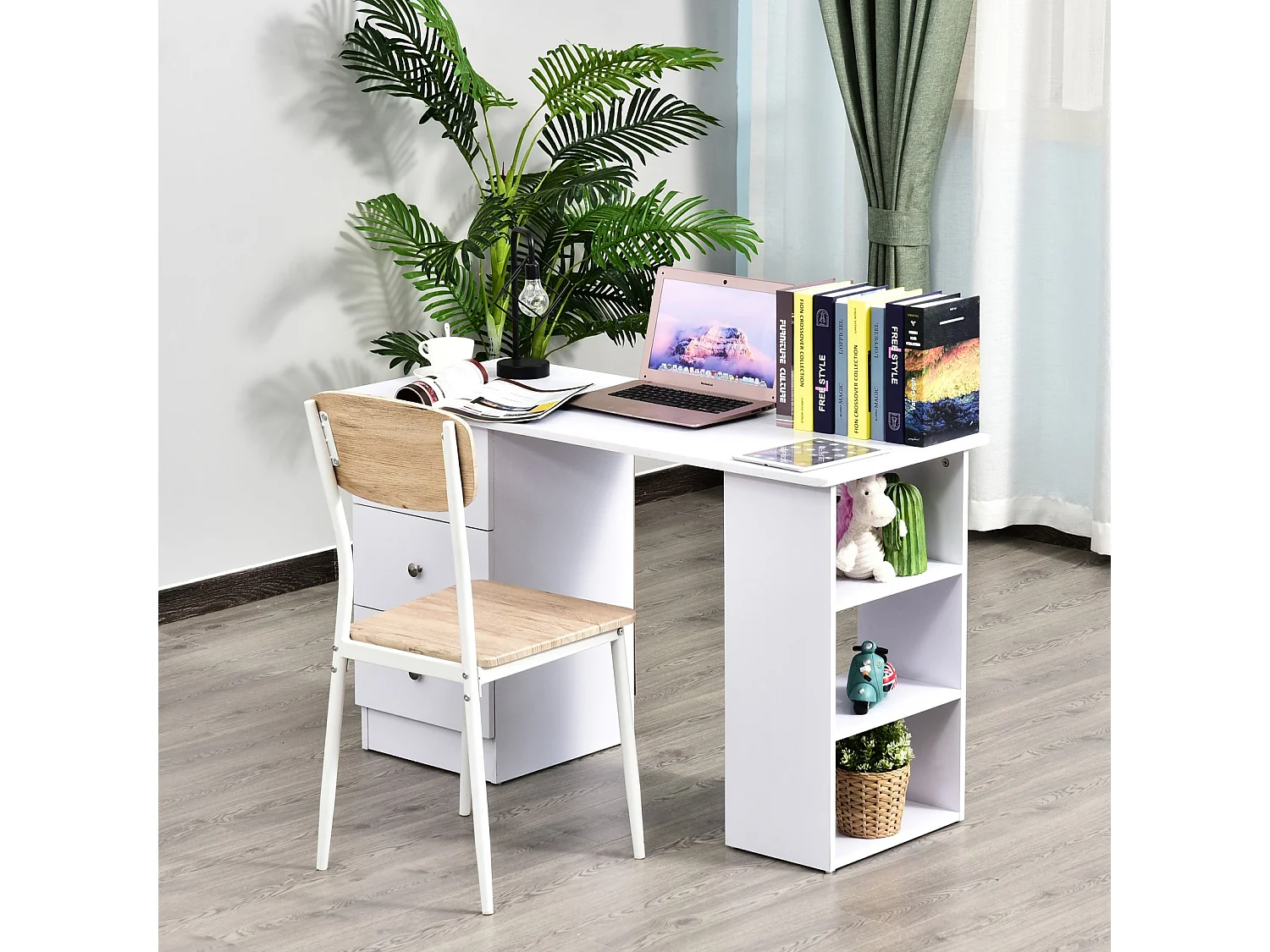 Easycomfort Scrivania Porta Pc Per Camera E Ufficio Con Cassettiera E Ripiani Portaoggetti In Legno 120x49x72cm Bianco