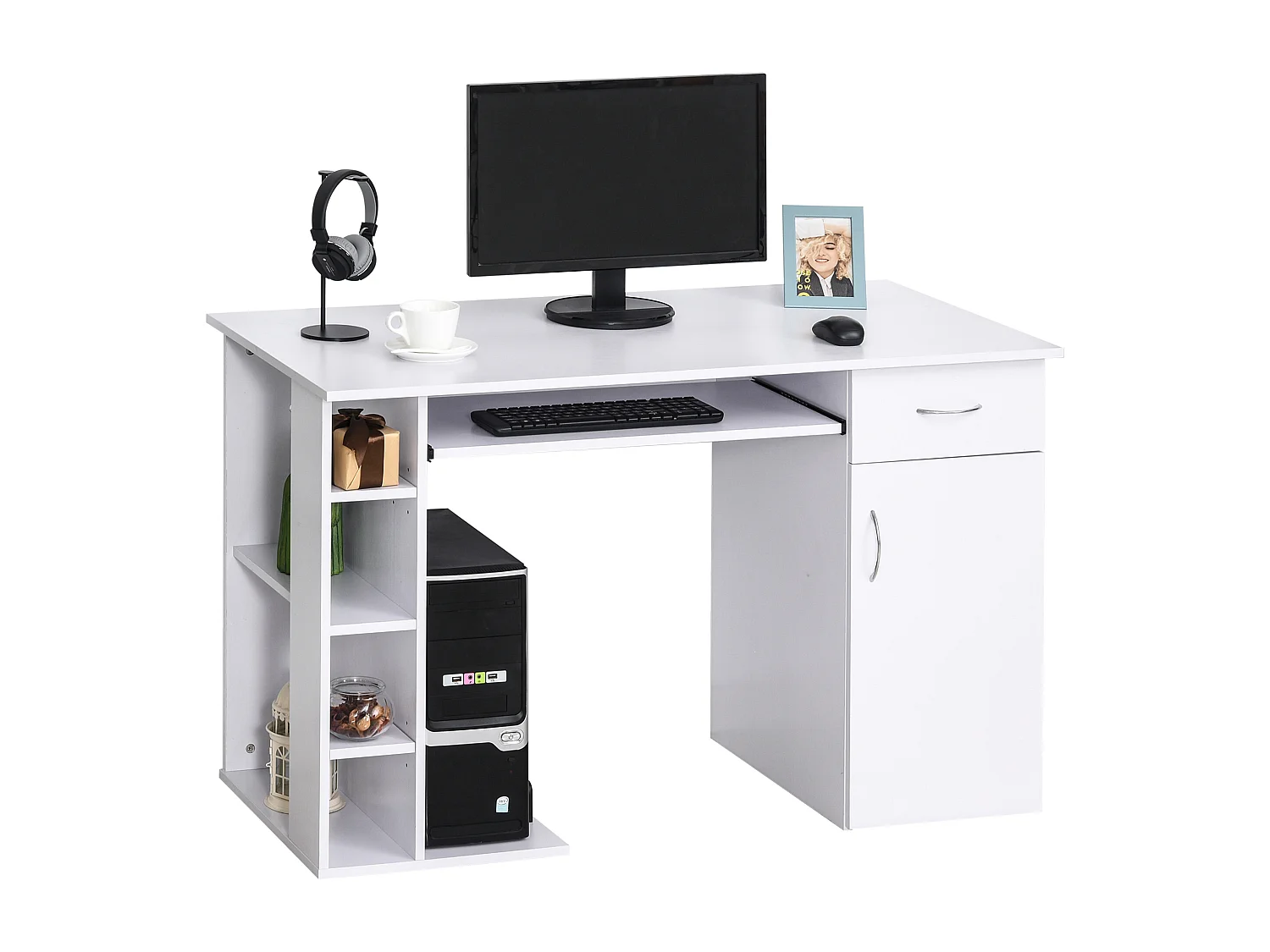 Easycomfort Scrivania Per Pc Ergonomica Con Mensole, Armadietto, Cassetto E Piano Tastiera Estraibile, Bianca, 120x60x74cm