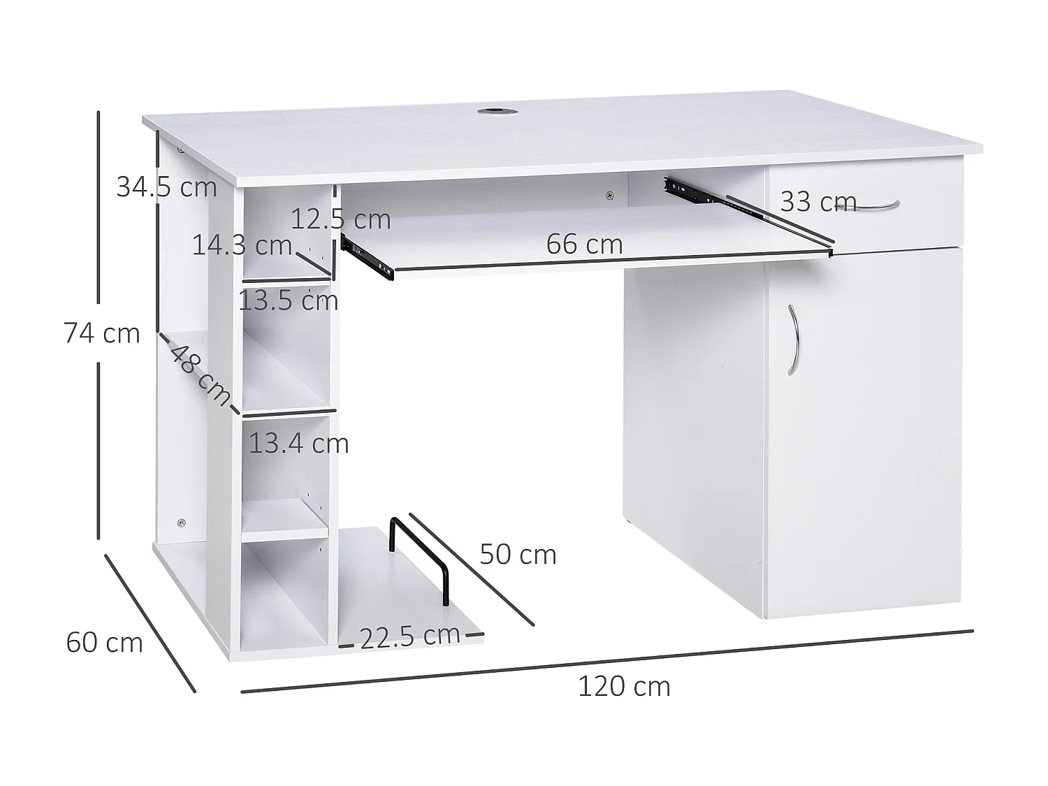 Easycomfort Scrivania Per Pc Ergonomica Con Mensole, Armadietto, Cassetto E Piano Tastiera Estraibile, Bianca, 120x60x74cm