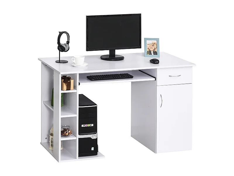 Easycomfort Scrivania Per Pc Ergonomica Con Mensole, Armadietto, Cassetto E Piano Tastiera Estraibile, Bianca, 120x60x74cm