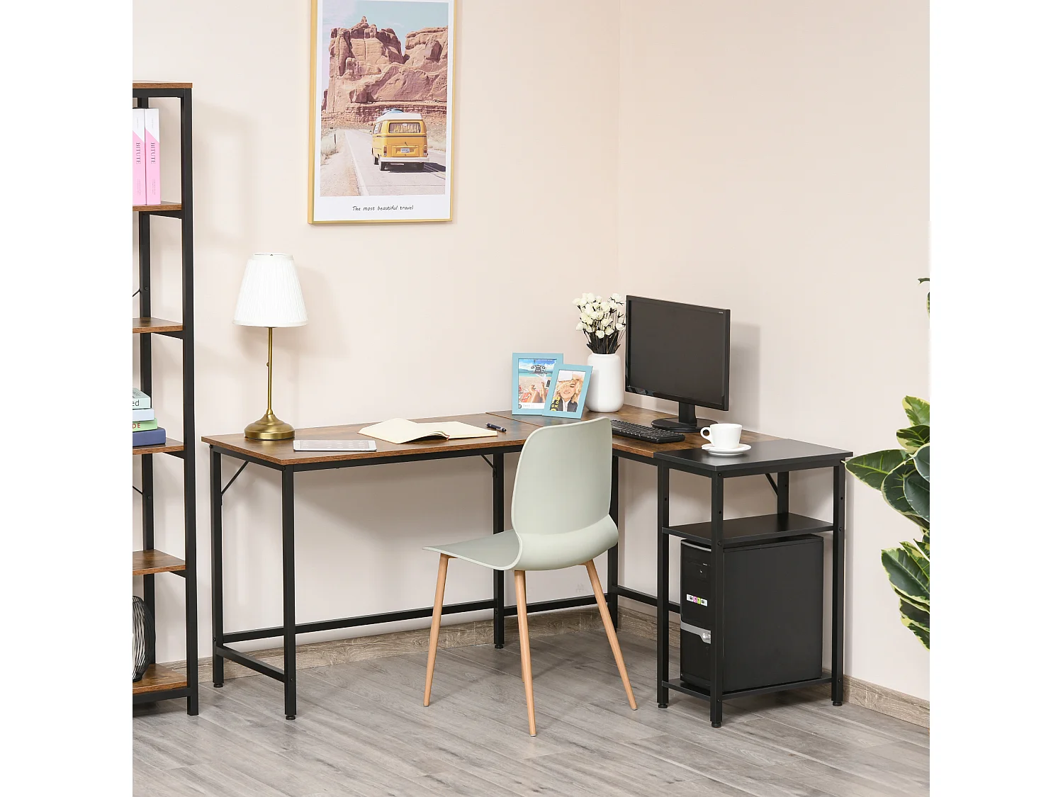 Easycomfort Scrivania Angolare In Stile Industriale Con Ripiano Laterale, In Legno E Metallo Nero, 150x120x75cm