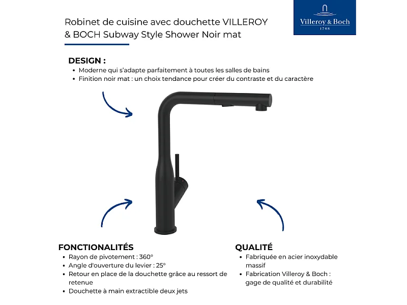 Robinet de cuisine avec douchette VILLEROY & BOCH Subway Style Shower Noir mat