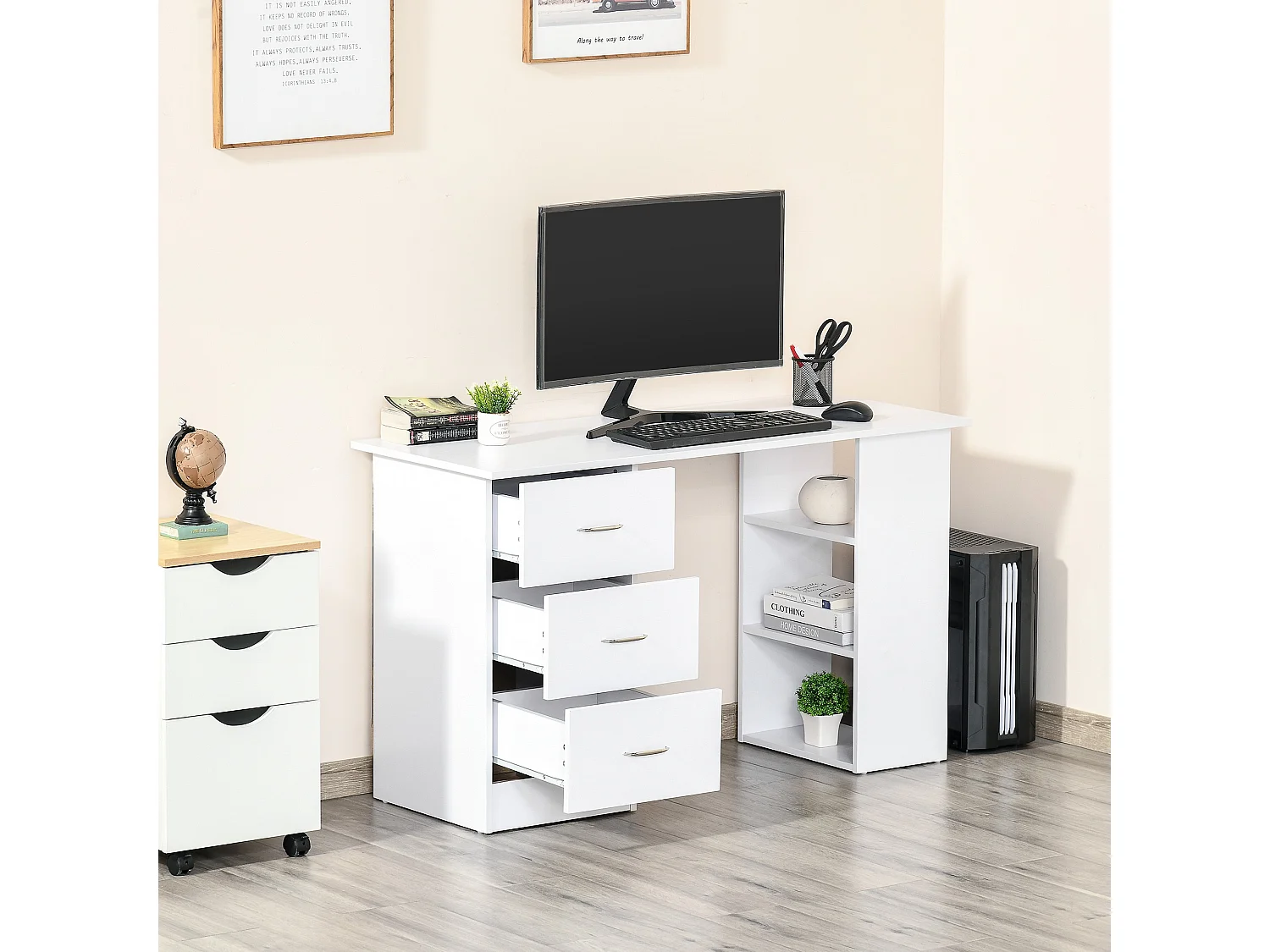 Easycomfort Scrivania Porta Pc Con 3 Cassetti E 3 Ripiani, Scrivania Per Camera E Ufficio In Legno 120x49x72cm Bianco