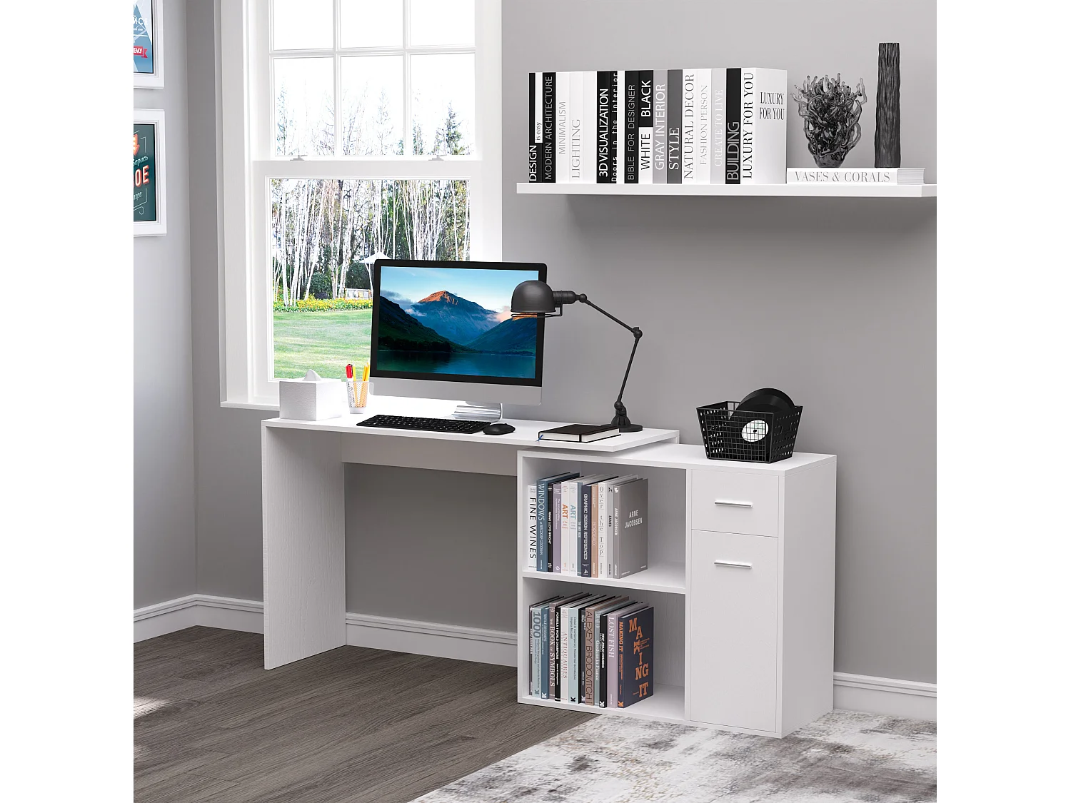 Easycomfort Scrivania Angolare Con Libreria Scaffale In Legno Bianco, Tavolo Da Pranzo Con Rotazione A 360°, 173x39.8x74 Cm