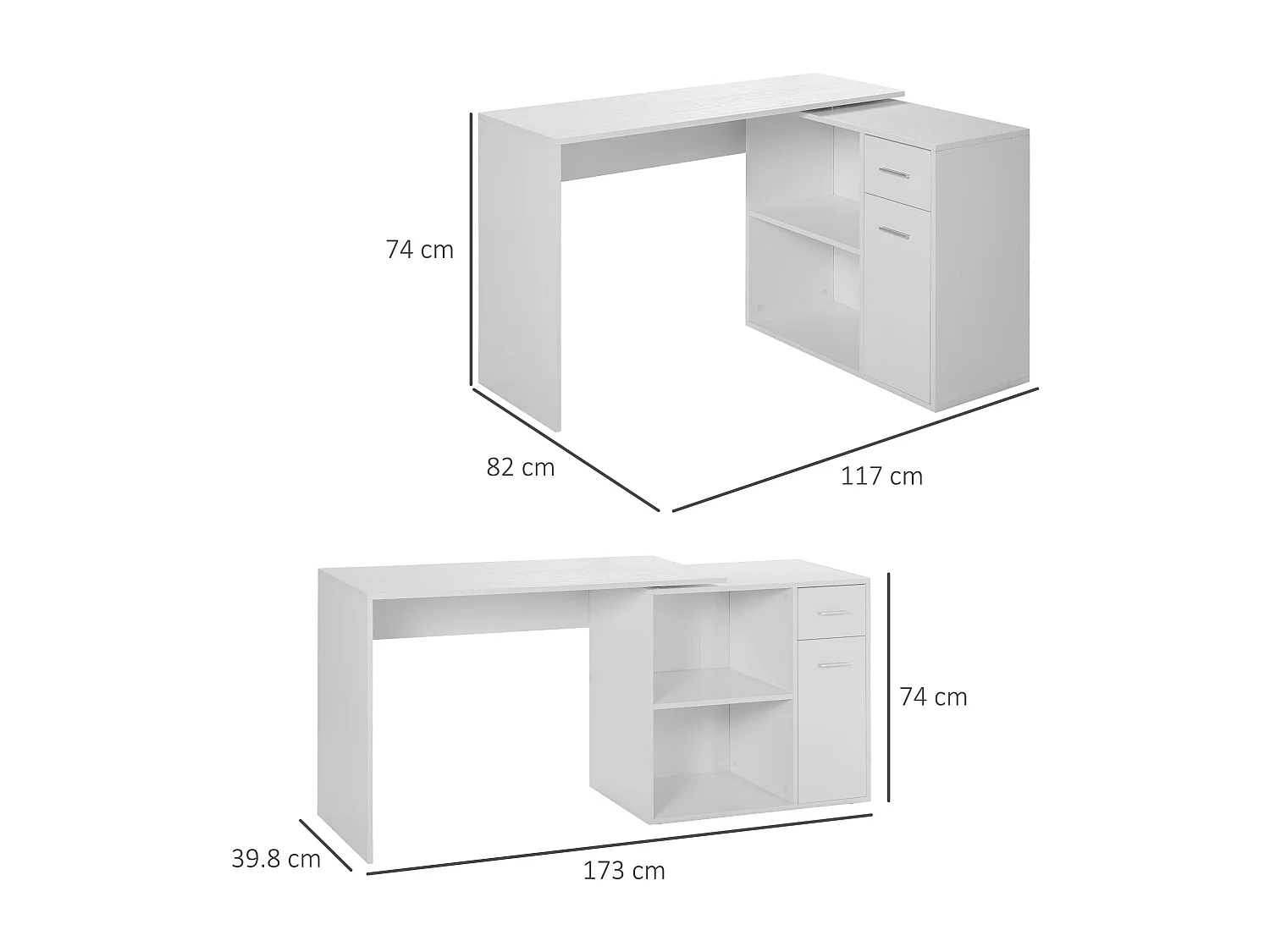 Easycomfort Scrivania Angolare Con Libreria Scaffale In Legno Bianco, Tavolo Da Pranzo Con Rotazione A 360°, 173x39.8x74 Cm