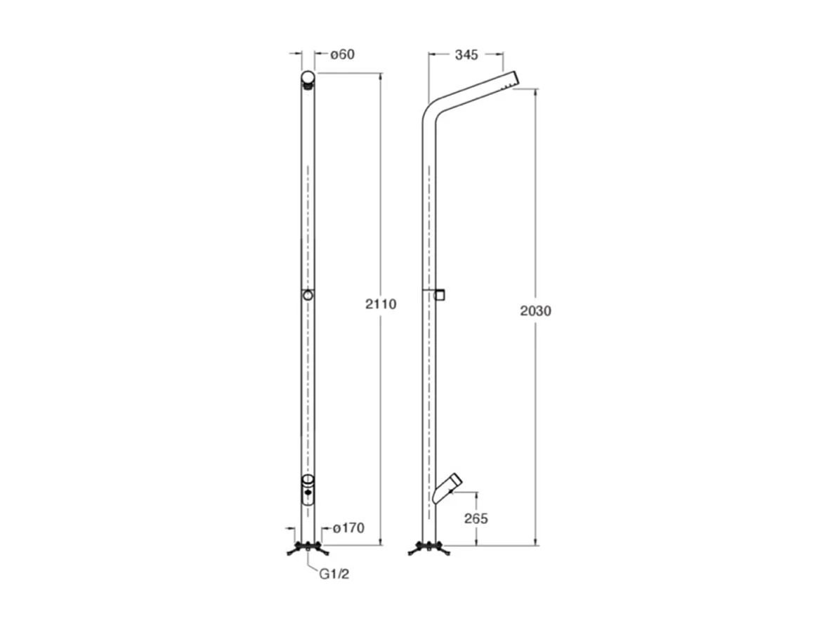 Colonne de douche extérieure temporisée CRISTINA ONDYNA Inox 316 avec lave-pieds en inox + Corps d'encastrement