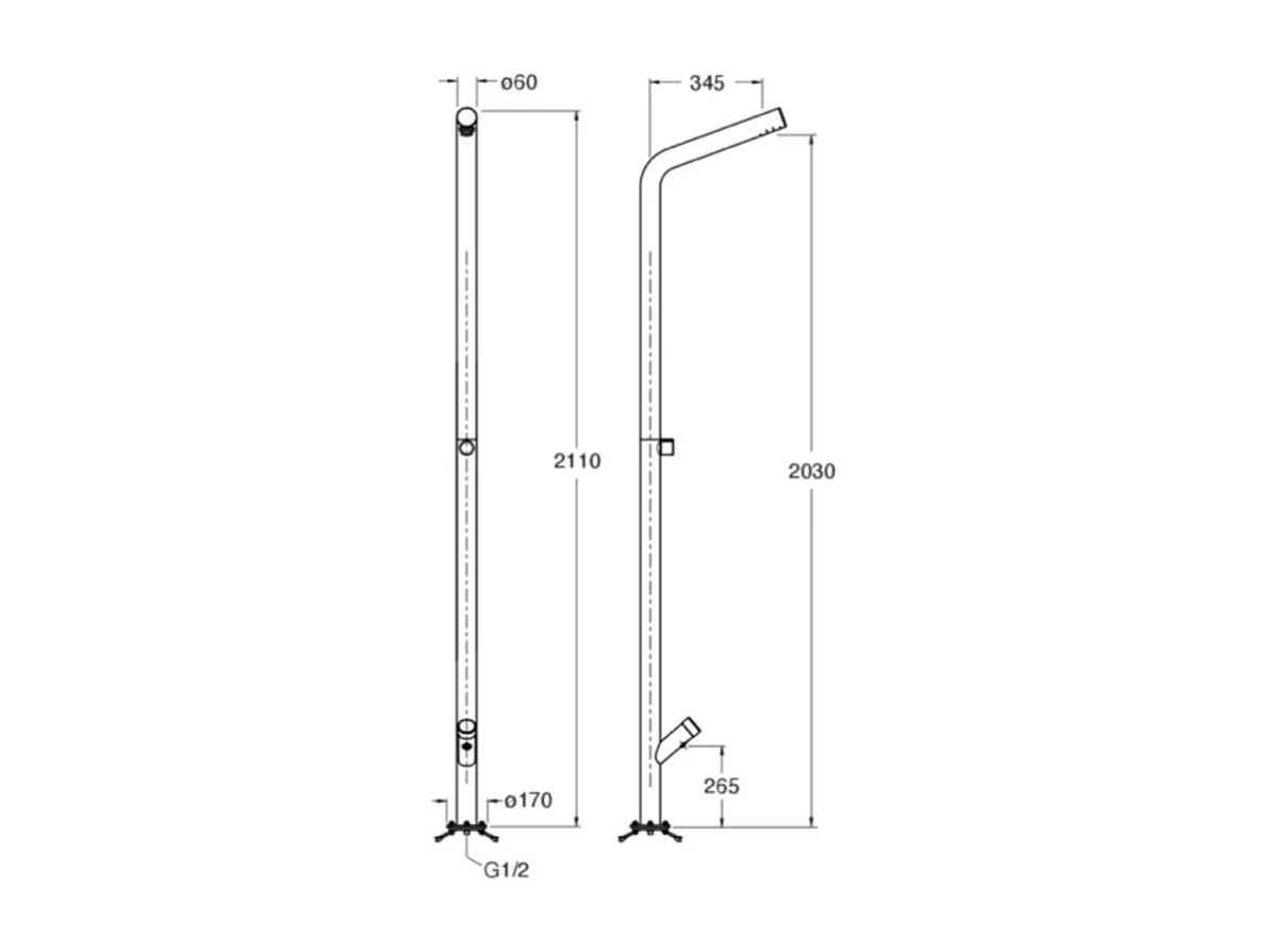 Colonne de douche extérieure temporisée CRISTINA ONDYNA Inox 316 avec lave-pieds en inox + Corps d'encastrement