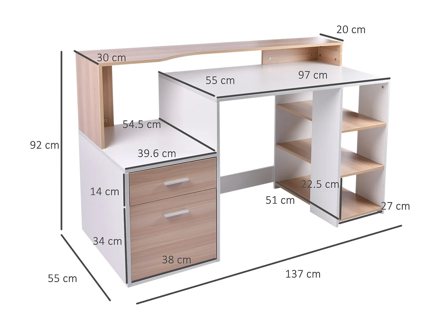 Easycomfort – Moderna Scrivania Per Computer Con Ripiani In Legno Mdf 137 X 55 X 92cm