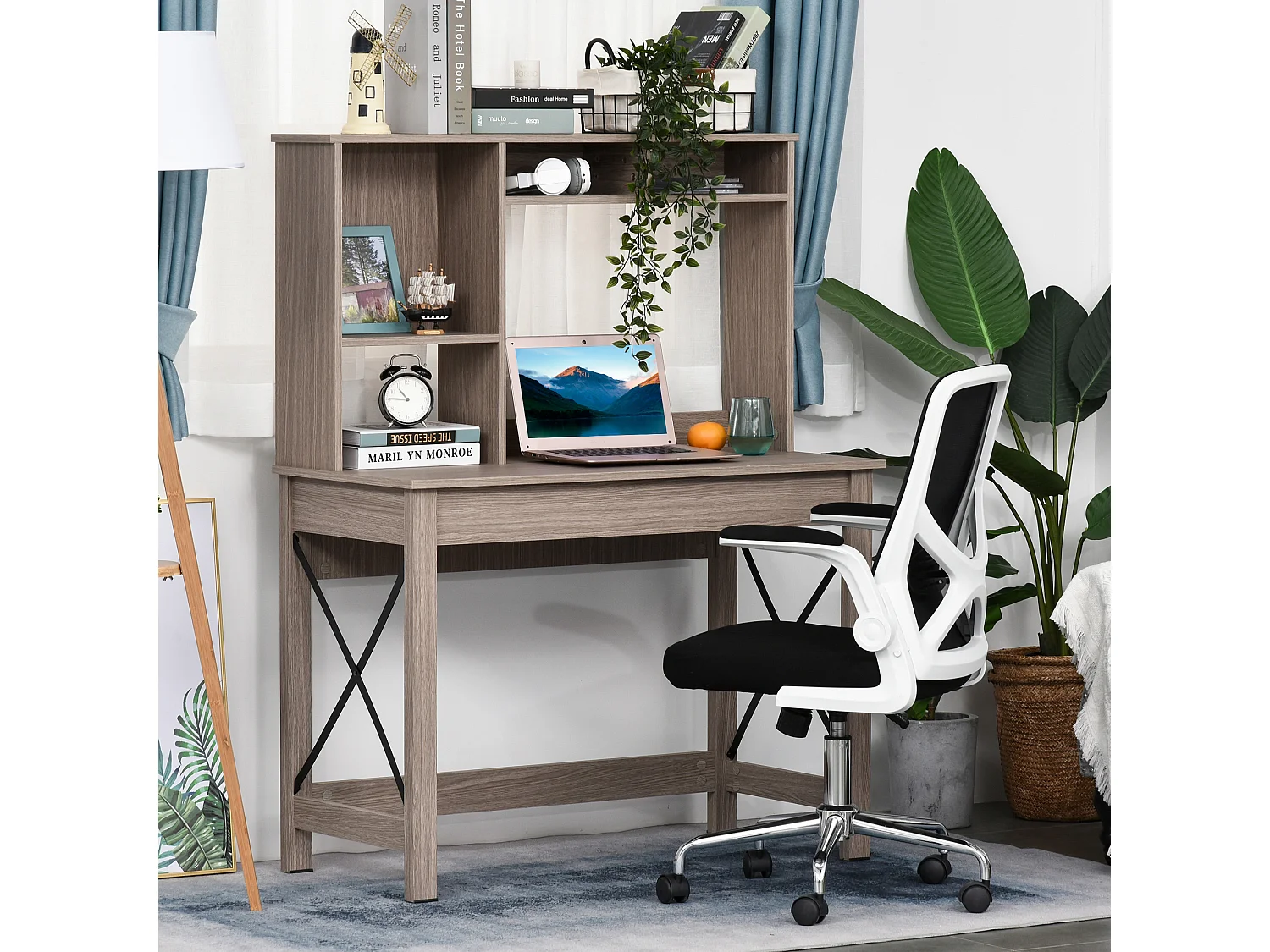 Easycomfort Scrivania Scaffale Con Libreria Sopra In Legno Per Camera, Cameretta O Ufficio, Salvaspazio 105x50x137.5cm