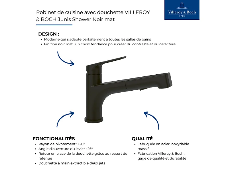 Robinet de cuisine avec douchette VILLEROY & BOCH Junis Shower Noir mat