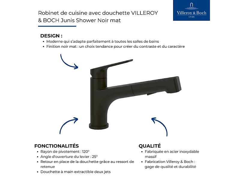 Robinet de cuisine avec douchette VILLEROY & BOCH Junis Shower Noir mat