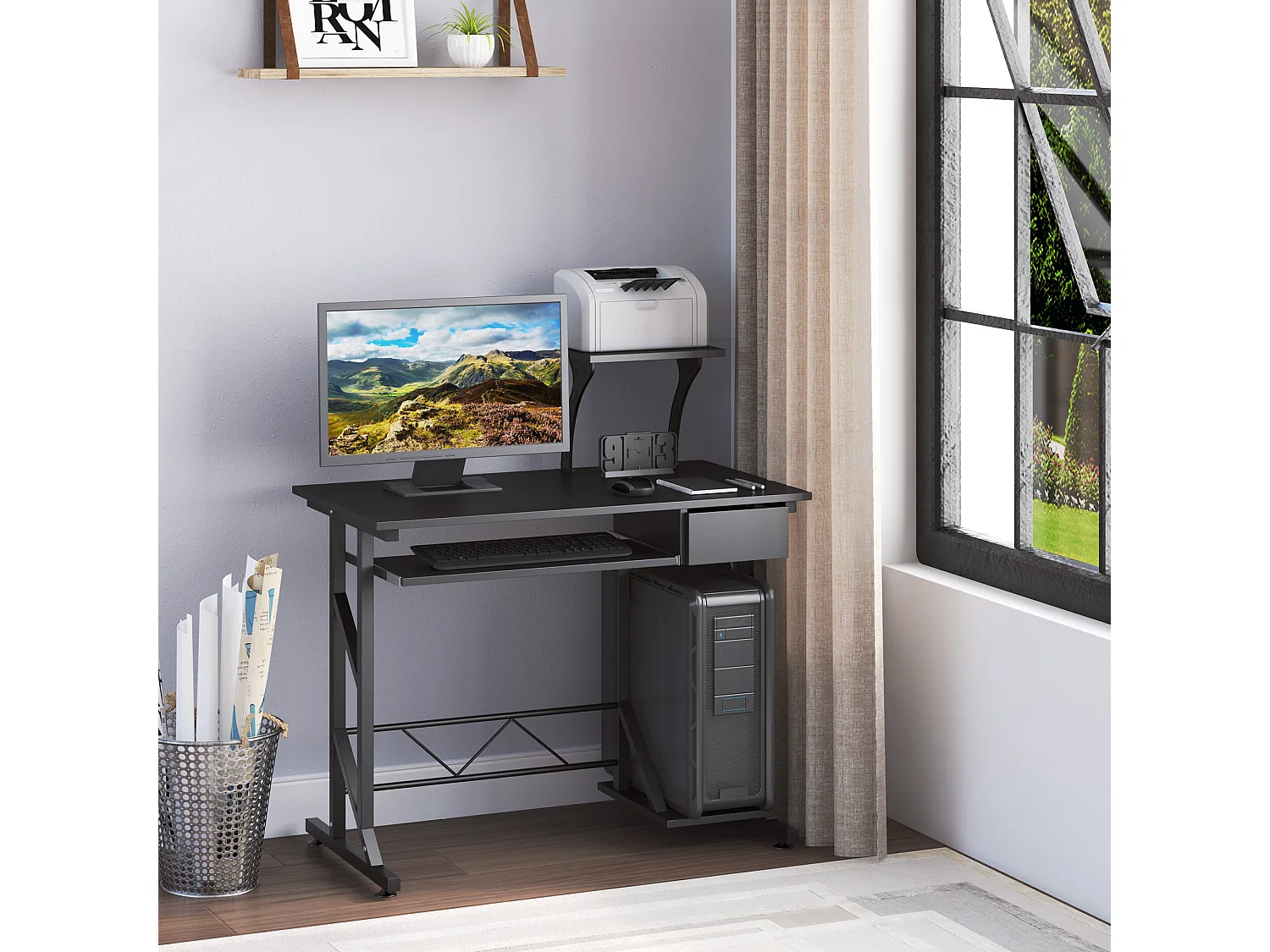 Easycomfort Scrivania Per Computer Salvaspazio In Acciaio E Legno, Scrivania Da Ufficio Con Cassetto, Ripiano Tastiera Estraibile, 90x50x100 Cm, Nero