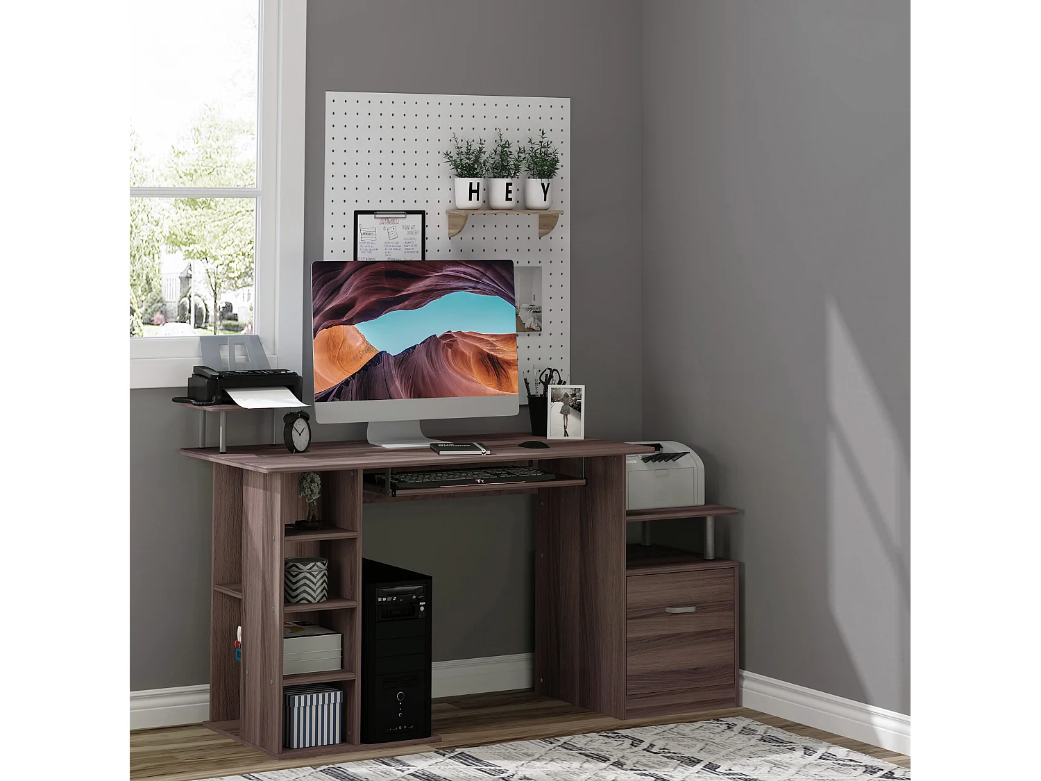 Easycomfort Scrivania Per Computer Moderna Con Cassetti, Ripiani E Tastiera Estraibile, Scrivania Da Ufficio Per Casa In Legno Marrone 152x60x88cm