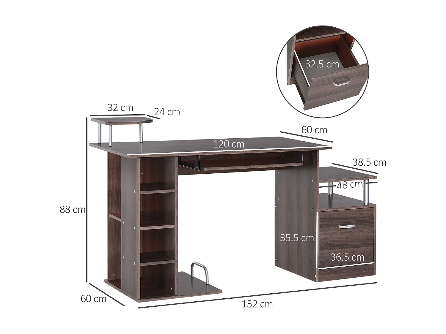 Easycomfort Scrivania Per Computer Moderna Con Cassetti, Ripiani E Tastiera Estraibile, Scrivania Da Ufficio Per Casa In Legno Marrone 152x60x88cm