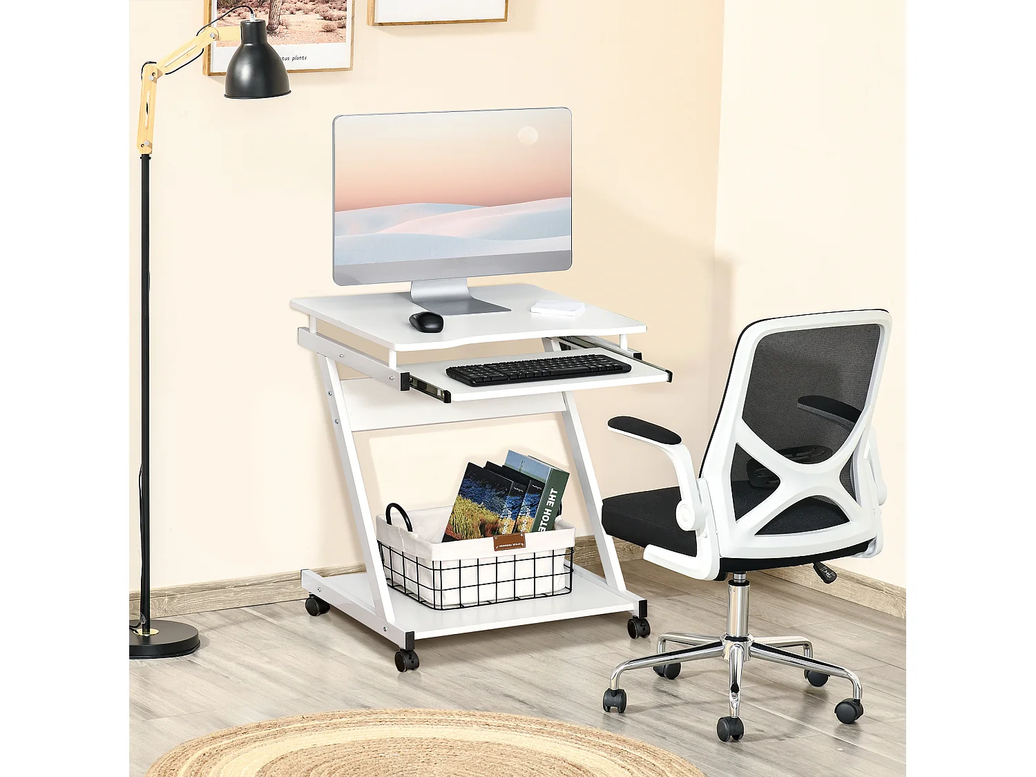 Easycomfort Tavolo Porta Pc Classico E Salvaspazio, Piano Tastiera A Scomparsa, 4 Ruote E Ripiano Inferiore Bianco 60x48x73cm